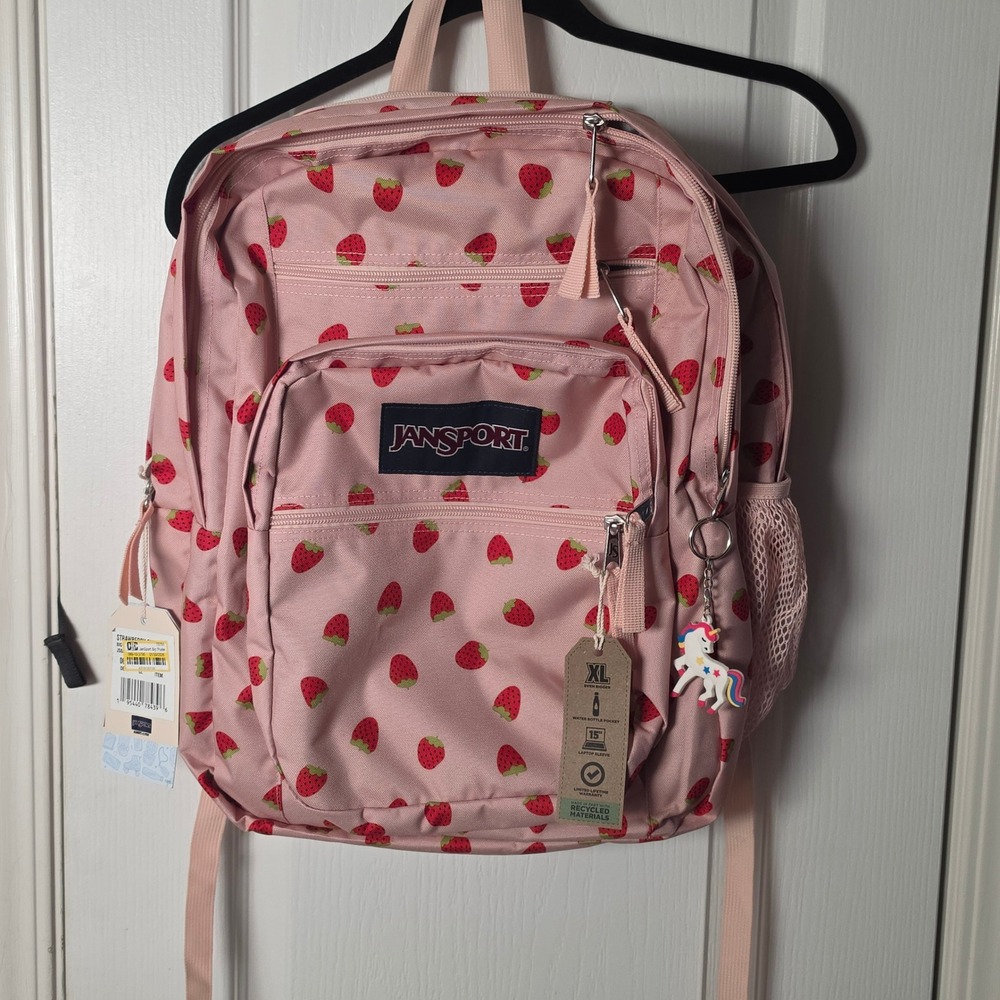 JanSport Big Student Backpack Pink Strawberry Print XL Laptop Sleeve JS0A47JK